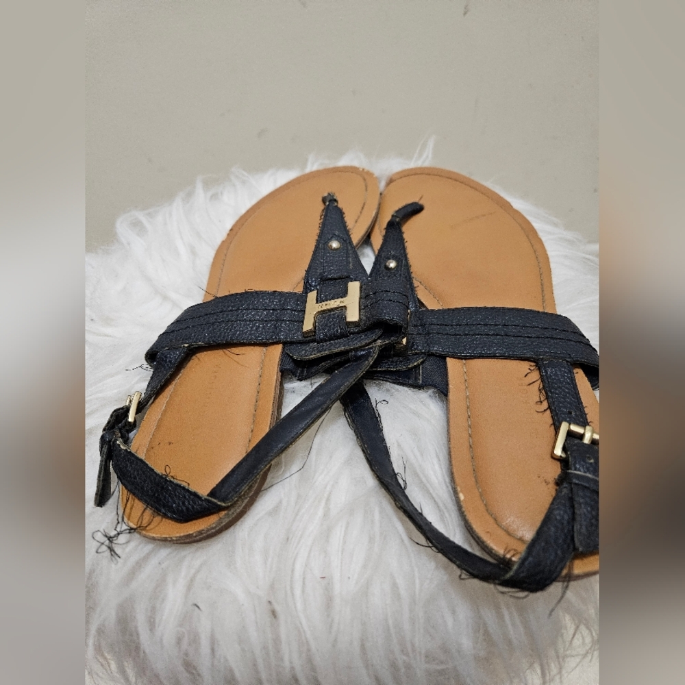 Black Leather Sandals with Gold Accents